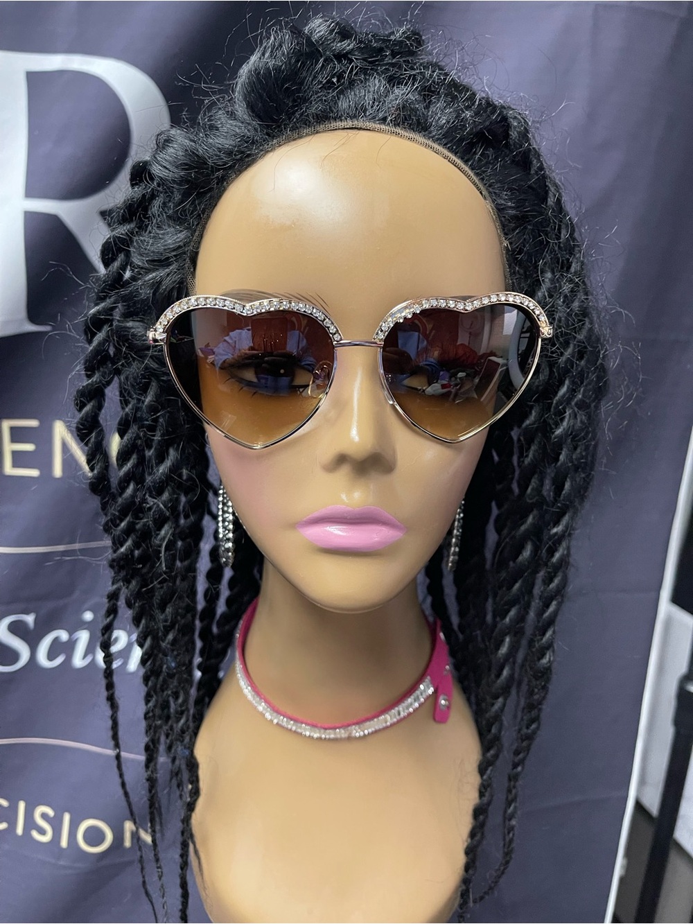 Rhinestone Heart Frame Sunglasses - Pink Gradient Lenses
